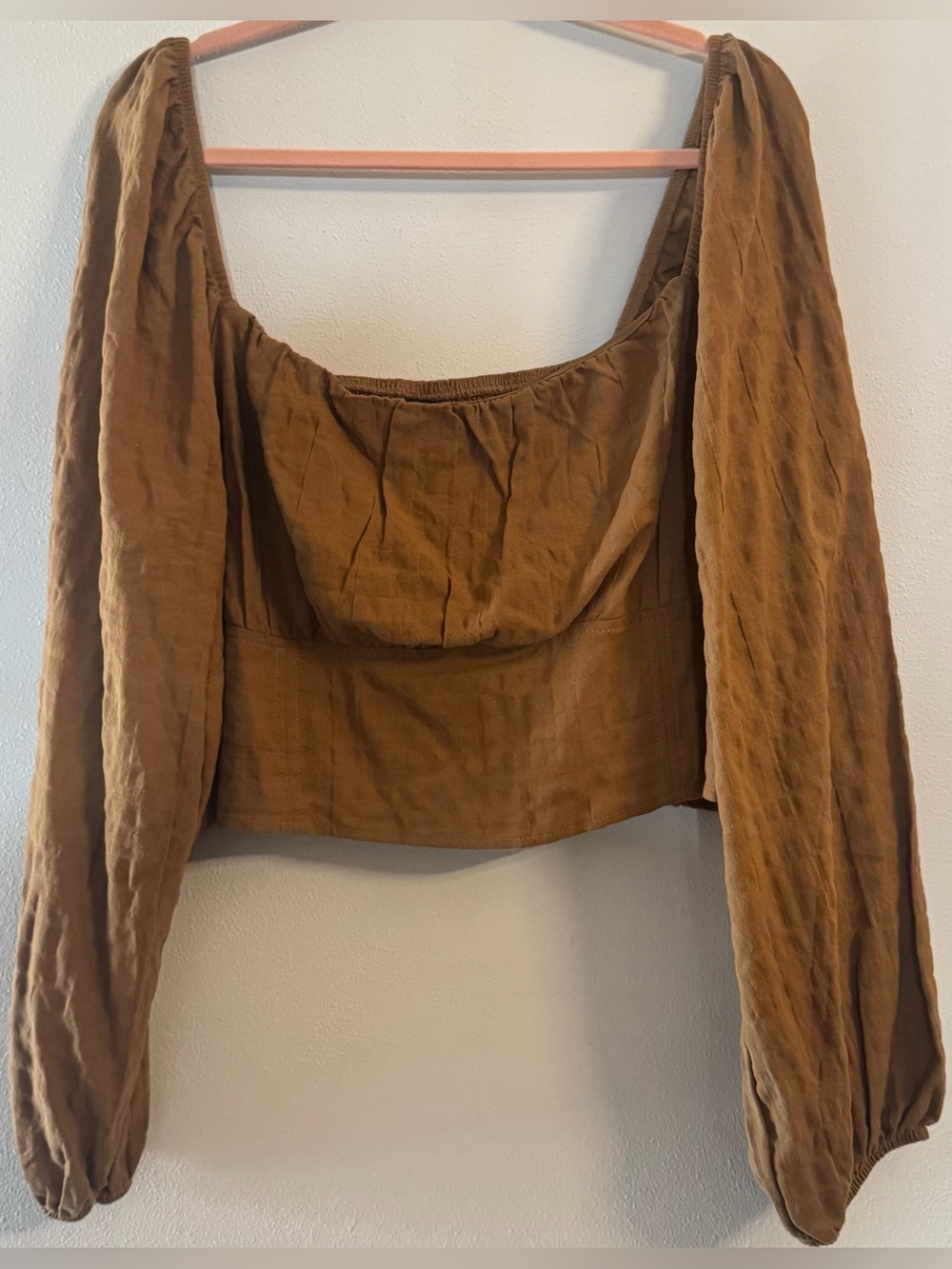 Wild Fable Women's Caramel Brown Puff Sleeve Ruched Neckline Crop Top Plus 2X - Picture 2 of 8